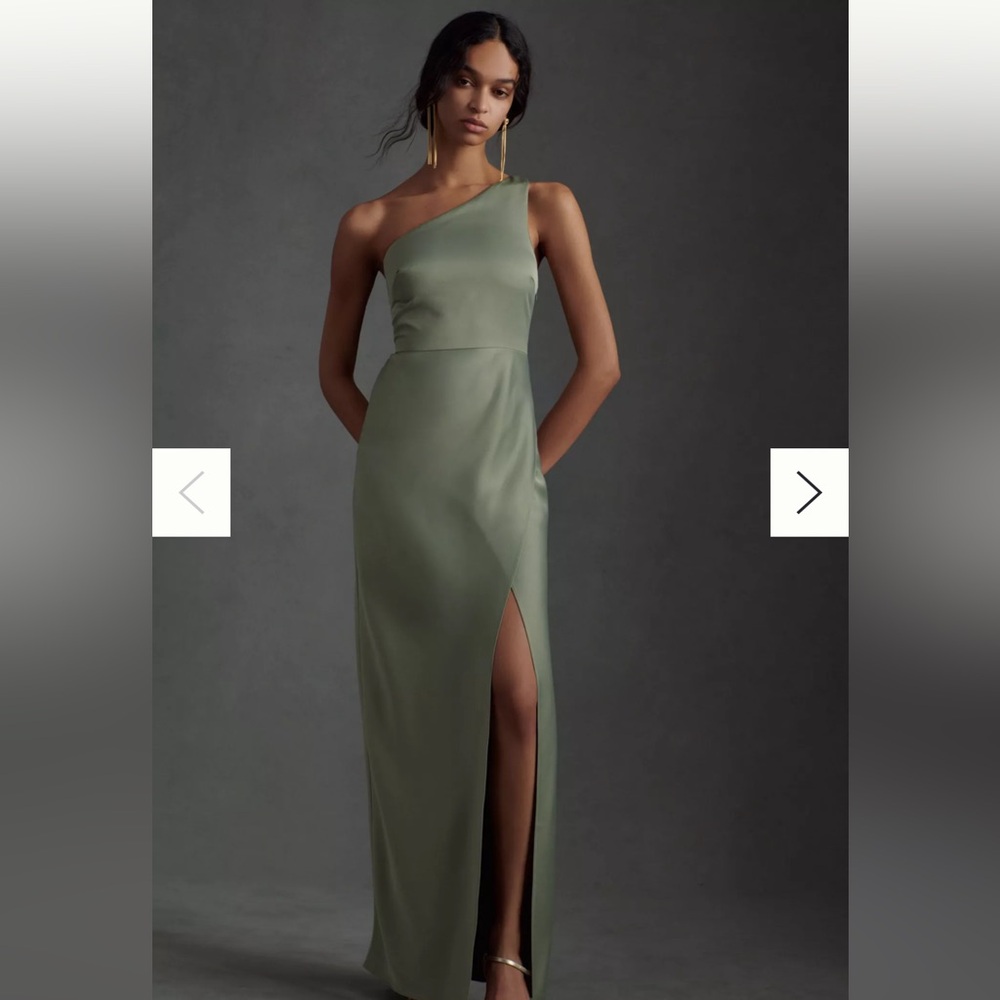 BHLDN Dylan One-Shoulder Satin Side-Slit Gown - Moss